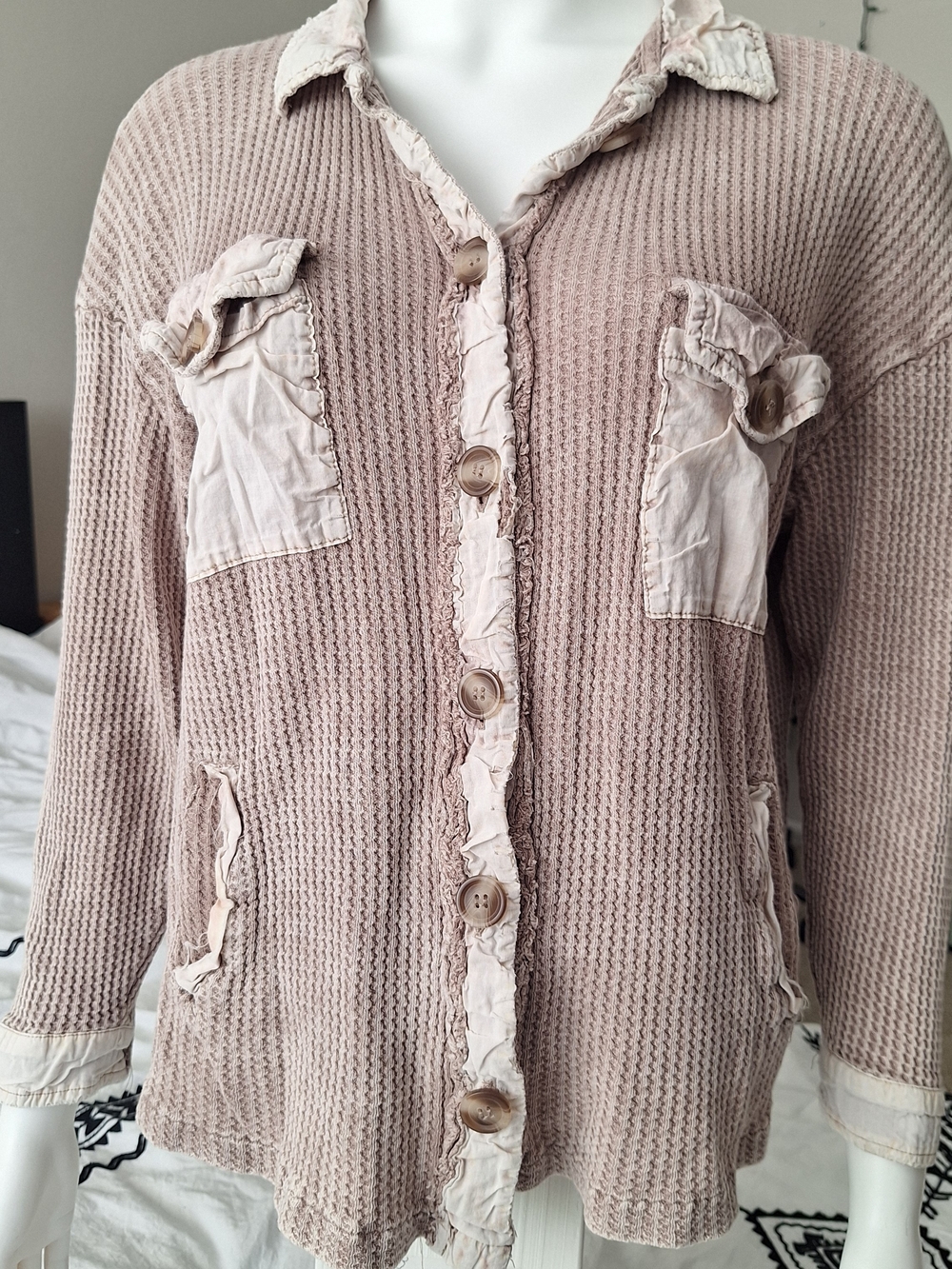 Zenana Outfitters Blush Waffle-Knit Button Up with Pale Trim Size L